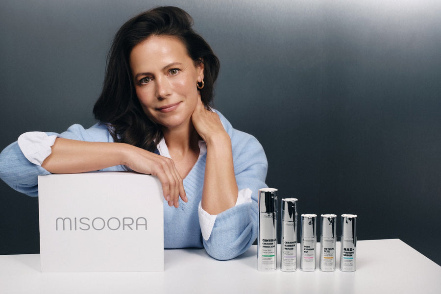 Woman in her 50s leaning on a MISOORA box next to a five-step skincare routine for menopausal skin